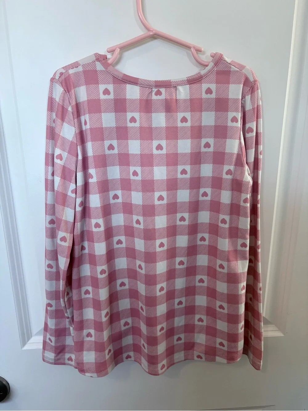 3/$10 - btween Pink Gingham Heart Print Tie-Front Long Sleeve Top